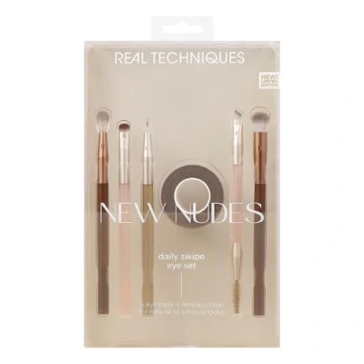 Image of Real Techniques New Nudes Daily Swipe Eye Kit, Makeup Brushes For Eyeshadow, Liner, &amp; Brows, Tape, Natural Or Smokey Look, Synthetic Bristles, Cruelty Free Vegan, 7 Piece Set