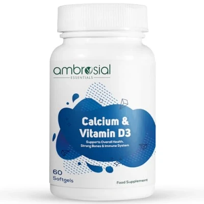 Image of Ambrosial Calcium &amp; Vitamin D Supplement, High Potency, Strength Calcium, D3, Gluten Free, Supports Bone Health, Muscles Teeth, Pack of 1 60 Softgels