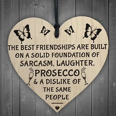 Image of RED OCEAN Best Friendships Foundation Is Prosecco Wooden Hanging Heart Alcohol Joke Sign Novelty Plaque Gift