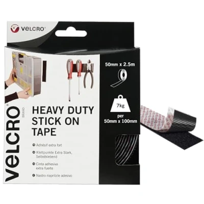 Image of VELCRO Brand Heavy Duty Stick On Tape Cut to Length Industrial Extra Strong Double Sided Hook &amp; Loop Self Adhesive Perfect for Room Décor Home, Office, Garage Use Black 50mm x 2.5m