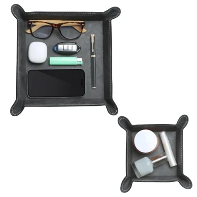 Image of Navaris Square PU Leather Tray Set Versatile Vanity or Bedside Table Organiser Womens and Mens Coin, Key, Valet Bowl Stylish Storage Trays of 2 Black