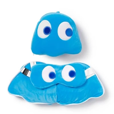 Image of Relaxeazzz Pac Man Blue Ghost Shaped Travel Pillow &amp; Eye Mask Sleep Masks Kids Accessories For Sleeping Airplane Flight Plane Neck Pillows
