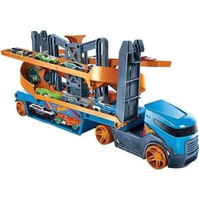Image of Hot Wheels City Lift &amp; Launch Hauler Vehicle with Storage for Up to 20 1:64 Cars, and Feature 1 Car, 3 Year Olds GNM62