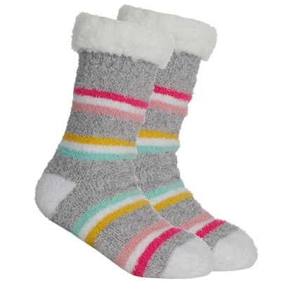Image of Metzuyan WS AW23 Ladies 1 Pair Striped Lounge Socks with Sherpa Fleece Thermal Bed Non Slip Grippers 4 8 Grey