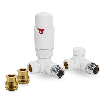 Image of Thermostatic TRV Corner White Radiator Valves 1/2&quot; x 15mm with Brass Reducer Compression Valve to 10mm