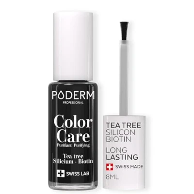 Image of PODERM FUNGAL nail INFECTIONS Black varnish TEA TREE Prevention &amp; treatment of Nails Yellowed/Damaged by TREATS COLOURS foot/hand Swiss Made