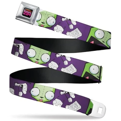 Image of Buckle Down Nickelodeon Belt, Seatbelt Invader Zim GIR Poses and Sketch Purple, Adjustable, 1.5&quot;&quot; Wide Fits Pant Size 32 52