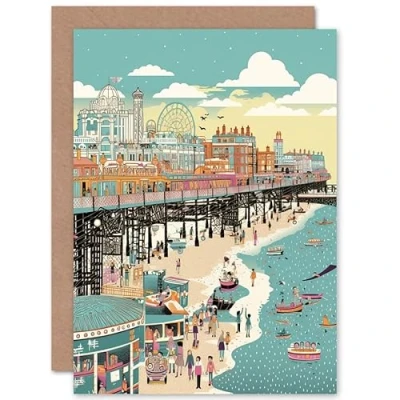 Image of Artery8 Brighton Beach Pier and Sandy Summer Scene Travel Birthday Sealed Greeting Card Plus Envelope Blank inside