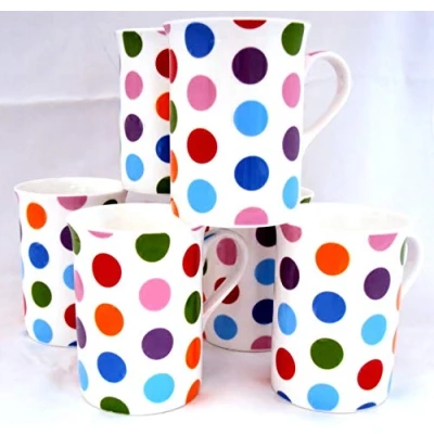 Image of Polka Dots Mugs Set of 6 Fine Bone China Multicolour Spots Cups Hand Decorated in UK