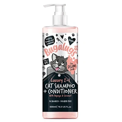 Image of Bugalugs 2 in 1 cat Shampoo &amp; Conditioner. Cleansing, nourishing and conditioning For all hair. Papaya Coconut calming scent. cats kittens. kitten grooming (500ml Shampoo)