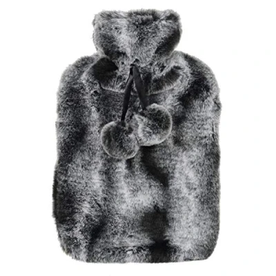 Image of Hodge and Large Hot Water Bottle with Faux Fur Cover &amp; Pom Poms for Thermotherapy Muscle Ache Tension Pain Relief Backache Neck Strain Shoulder Heat Therapy Bed Sofa 2 Litre Tone Dark Grey