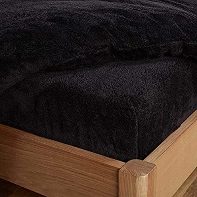 Image of Brentfords Teddy Fleece Fitted Bed Sheet Thermal Warm Soft Luxury Fluffy Cuddly Cosy Bedding, Black Double