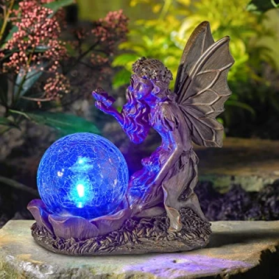 Image of Festive Lights 19cm Solar Gazing Fairy Ornament with Crackle Glass Ball Colour Changing LED, Weather Resistant IP44 Outdoor Light for Garden, Patio &amp; Balcony Décor