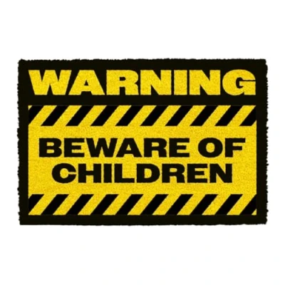 Image of CKB LTD Warning Beware of Children Doormat Joke Novelty Printed Family Kids Doormats Front Back Made with a non slip Coir Indoor Outdoor (Black Yellow)