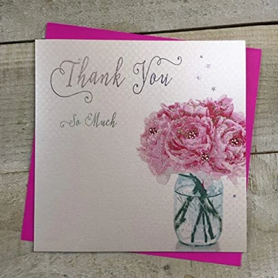 Image of WHITE COTTON CARDS Thank You So Much Handmade Card Decorated Flowers Peonies B174