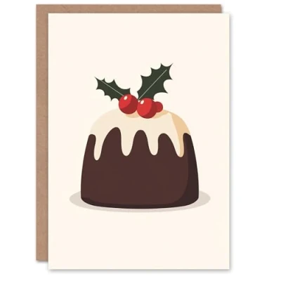 Image of Artery8 Cake with Holly Festive Pudding Dessert Blank For Him Or Her Art Xmas Christmas Card