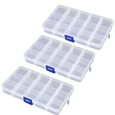 Image of 3 Pack 15 Grids Plastic Storage Organiser Jewelry Nail Art Beads Craft Cell Clear Compartment Small Screws Box with Removable Divider