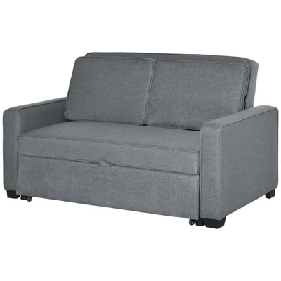 Image of HOMCOM 2 Seater Pull Out Sofa Bed, Fabric Click Clack Bed with Wood Legs, Convertible Sleeper Couch for Living Room, Guest Grey