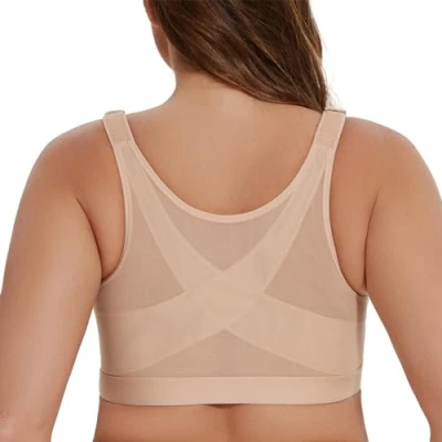 Image of MELENECA Women&#039;s Front Fastening Wirefree Post Surgery Plus Size Back Support Posture Bra Beige 36DD