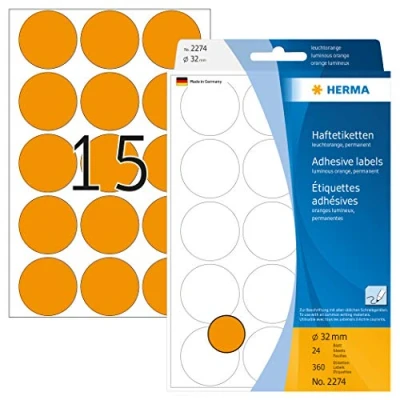 Image of HERMA Dot Stickers Luminous Orange, 360 Labels, Ø 32 mm, 15 Labels per Sheet, Self Adhesive Round Colour Stickers, Blank Marking Dots, Sticky Circle for Color Coding Calendar