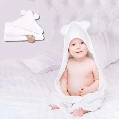 Image of JMS Bridge Baby Hooded Towel. Bath Towel for Newborn with Hood, 100% White Cotton. Boy, Girl, Infant, Toddlers Ears. Cuddles Blanket Wrap. Super Soft Zero Twist. Durable, absorbent.