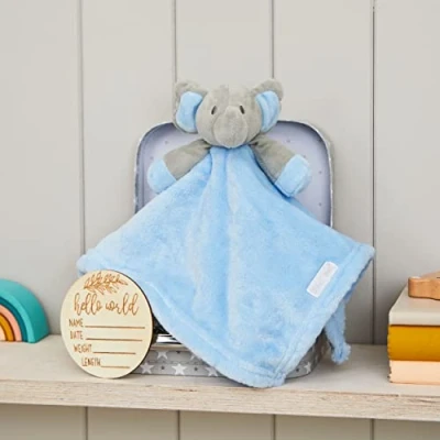 Image of Hoolaroo Personalised Baby Boy Gifts New Born Bay Comforter Personalized Blue Shower Elephant In Box With Wooden Milestone Card for Newborn