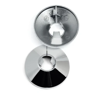 Image of Radiator Pipe Covers Chrome Collars 15mm Hole Collars, Pack of 2 4.5cm Wide Snap On Plated Plastic Cover to Hide Pipes Base