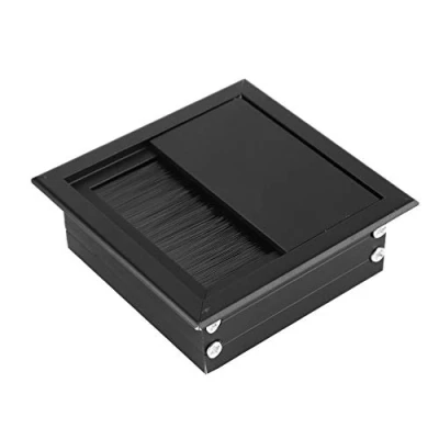Image of Wire Cable Grommet Hole Cover, 2Pcs Black Table Desk Rectangle Aluminum Alloy Cover with Brush (Black)