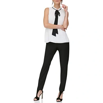 Image of DKNY Women&#039;s Sleeveless Pleated TOP with TIE Neck Blouse, White/Black, X Large