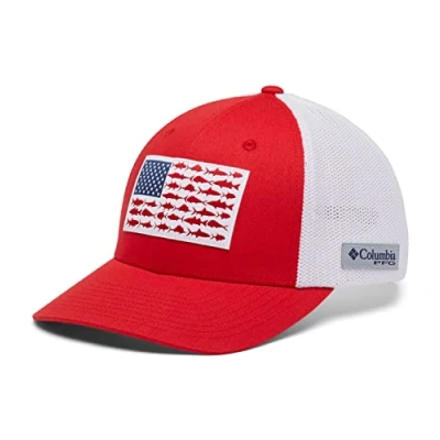 Image of Columbia PFG Fish Flag Mesh Ball Cap High, Red Spark/White/US Fish, S/M