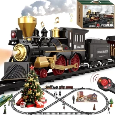 Image of Train Set for Kids Remote Control Christmas Toys w/Steam Locomotive,Passenger Carriage &amp; Luxury Tracks, Electric Trains w/Realistic Smoke,Sounds Lights, Birthday Gift Boys Girls 3 4 5 6 7…