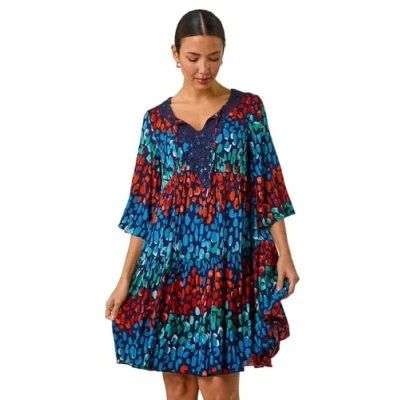Image of Roman Originals Smock Dress for Women UK Ladies Cotton Summer Embroidered Frilled Tiered Lounge Casual Beach Cruise Holiday Cocktail Party 3/4 Sleeve Pull On Gathered Skirt Navy Red Size 18