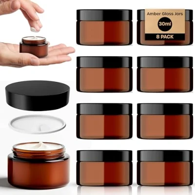 Image of Amber Glass Jars 8 Pack (30ml) with Lids Brown Travel Cosmetic Containers Inner Liner, Spatula and Lid Pots UV Protection for Powder, Lotion Cream