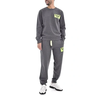 Image of Emporio Armani Men&#039;s Icon Terry Pullover + Trousers Sleepwear Set Sweater Trosers, Black Melange Grey, S UK