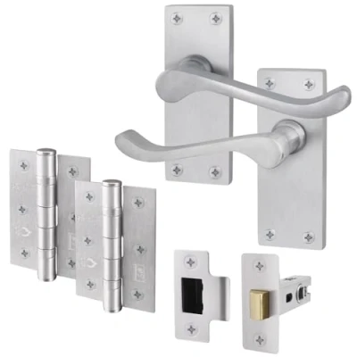 Image of EAI Satin Victorian Scroll Door Handle Latch Set 1 Pair of Chrome Internal Lever Handles on Backplate with Hinges (76mm) &amp; (64mm)