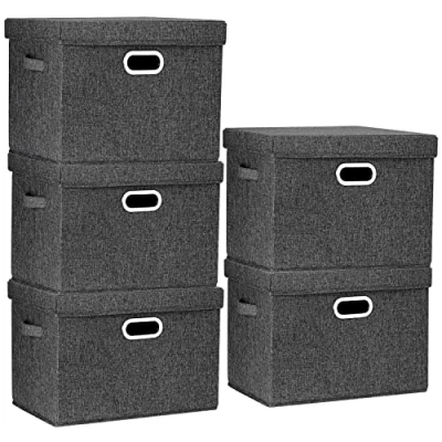 Image of TYEERS Large Storage Box with Lid, Collapsible, Washable, Fabric for Clothes, Wardrobe Storage, 44x30x29 cm, Set of 5, Black