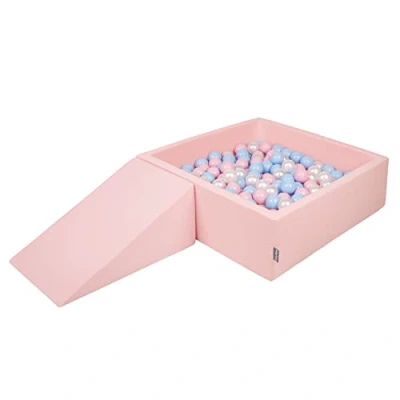 Image of KiddyMoon Foam Playground For Kids With Square Ballpit (200 Balls ∅ 7Cm/2.75In) Soft Obstacles Course And Ball Pool, Made In The EU, Pink:Babyblue/Powder Pink/Pearl