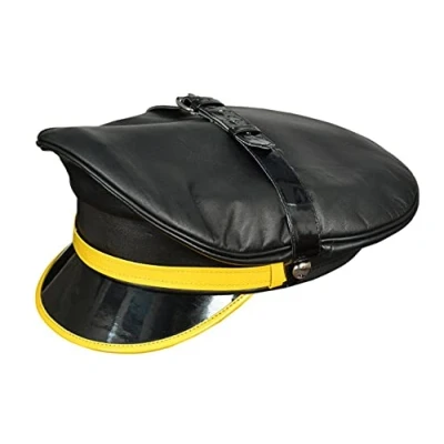 Image of N? Genuine Leather Black Army Muir Biker Yellow Trim Peak Police Cap (Medium)