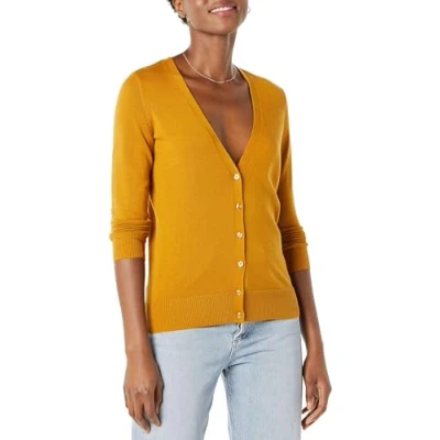 Image of Amazon Essentials Women&#039;s Lightweight V Neck Cardigan Jumper (Available in Plus Size), Mustard Yellow, S