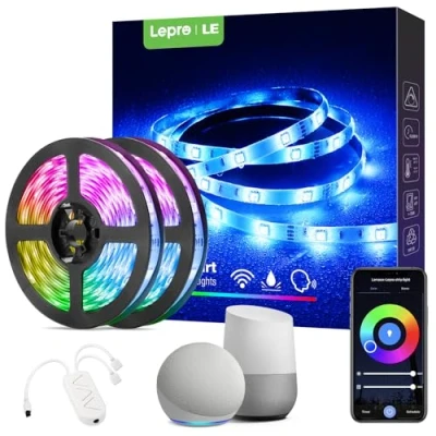 Image of Lepro 10M LED Strip Light IP65, WiFi Smart RGB Strip, Works with Alexa and Google Assistant, Life App &amp; Voice Control, PU Coating Lights for Kitchen, Bedroom, Christmas (5Mx2)