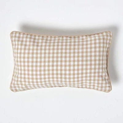 Image of HOMESCAPES 100% Cotton Gingham Check Cushion Cover 30 x 50 cm Rectangular 12 20 Inches Beige White Sofa Pillow Washable