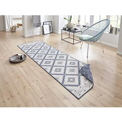 Image of NORTHRUGS Malibu Indoor and Outdoor Rug 80 x 350 cm Reversible Weatherproof Modern Geometric Pattern Runner for Balcony Patio Garden Conservatory Living Room Waterproof in Blue Cream