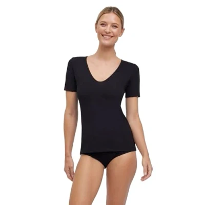 Image of FALKE Women&#039;s Daily Climate Control Outlast Round Neck W S/S Sh Cotton Quick Drying Pack of 1 Underwear, Black (Black 3000), M