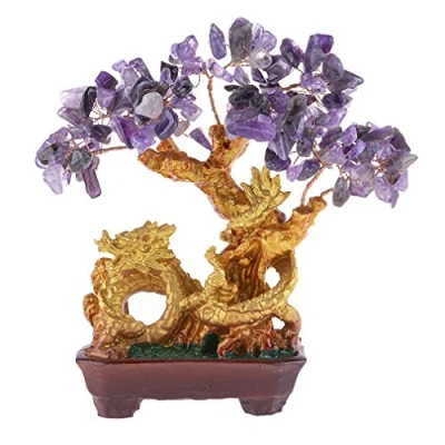Image of lachineuse Purple Amethyst Dragon Tree Feng Shui 19 cm Asian Japanese Decoration Fortune with Golden Gemstone Japan Zen Object
