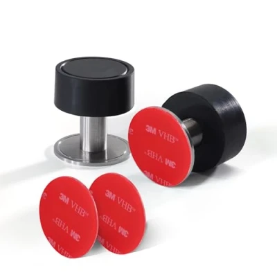 Image of 2 Pack Self Adhesive Door Stop in 1 Installation, Stainless Steel stoppers for Floor, skirtings 3M VHB or Screws, Noise Dampening Rubber, Wall Mounted Stops Indoors Black
