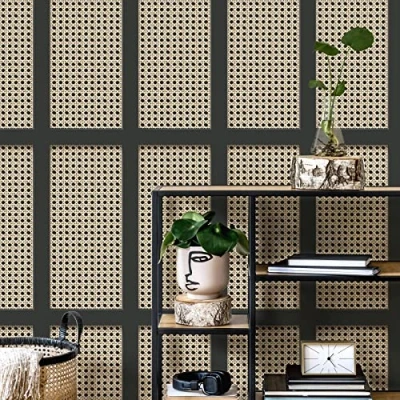 Image of Full Roll Black Cane Wood Panel Wallpaper Wicker Rattan Modern Contemporary