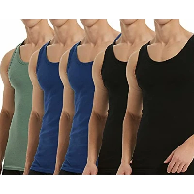 Image of Falechay Mens Vest Tops Muscle 5 Pack 100% Cotton Tank Slim Fit Plain Colored Undershirt Black Blue Green XL
