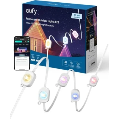 Image of eufy Permanent Outdoor Lights E22, 50ft with 30 Triple LED, Smart RGBWW Christmas Lights, Daily and Holiday, IP67 Waterproof, AI Lighting Themes for Decorations, Links Cameras