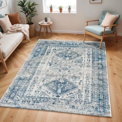 Image of Livabliss Habana Vintage Rug Area Rugs for Living Room 120x170 cm, Bedroom Scandi Neutral Rug, Traditional Patterned Boho Style, Natural Easy Care Pile Large Blue and Grey