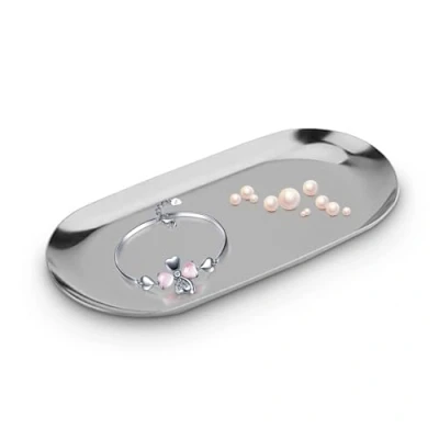 Image of Stainless Steel Storage Tray, Nordic Style Oval Towel Tray Cosmetics Jewelry Organizer Fruit Cake Plate Silver Snack Tea Key Candle Plates, 9.1x3.7inch